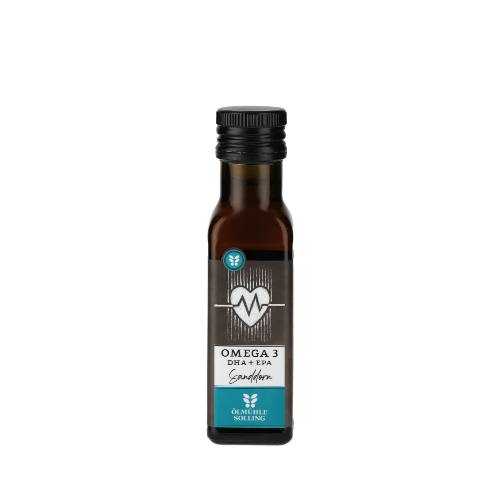 Flasche Oelmuehle Solling Omega 3 DHA EPA Sanddorn.