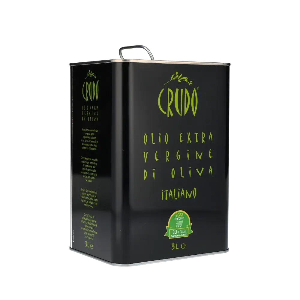 Crudo Olivenöl 3-Liter-Kanister, italienisches Design, schwarze Verpackung.