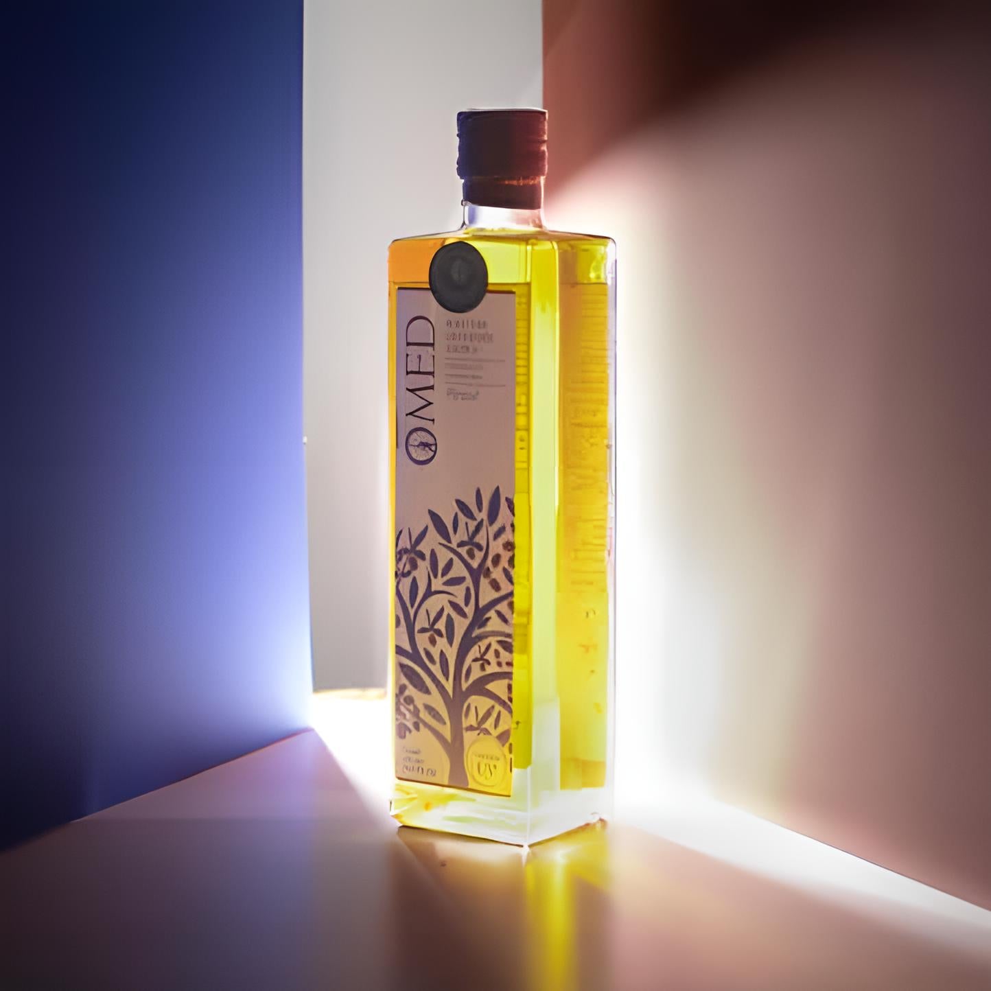 Omed Olivenölflasche auf beleuchtetem Tisch.