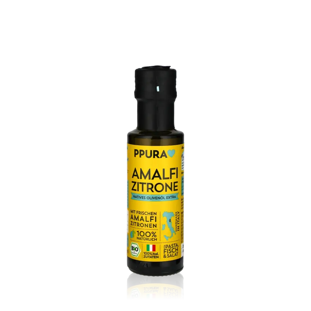 PPURA Amalfi Zitrone Olivenöl Flasche auf schwarzem Hintergrund.