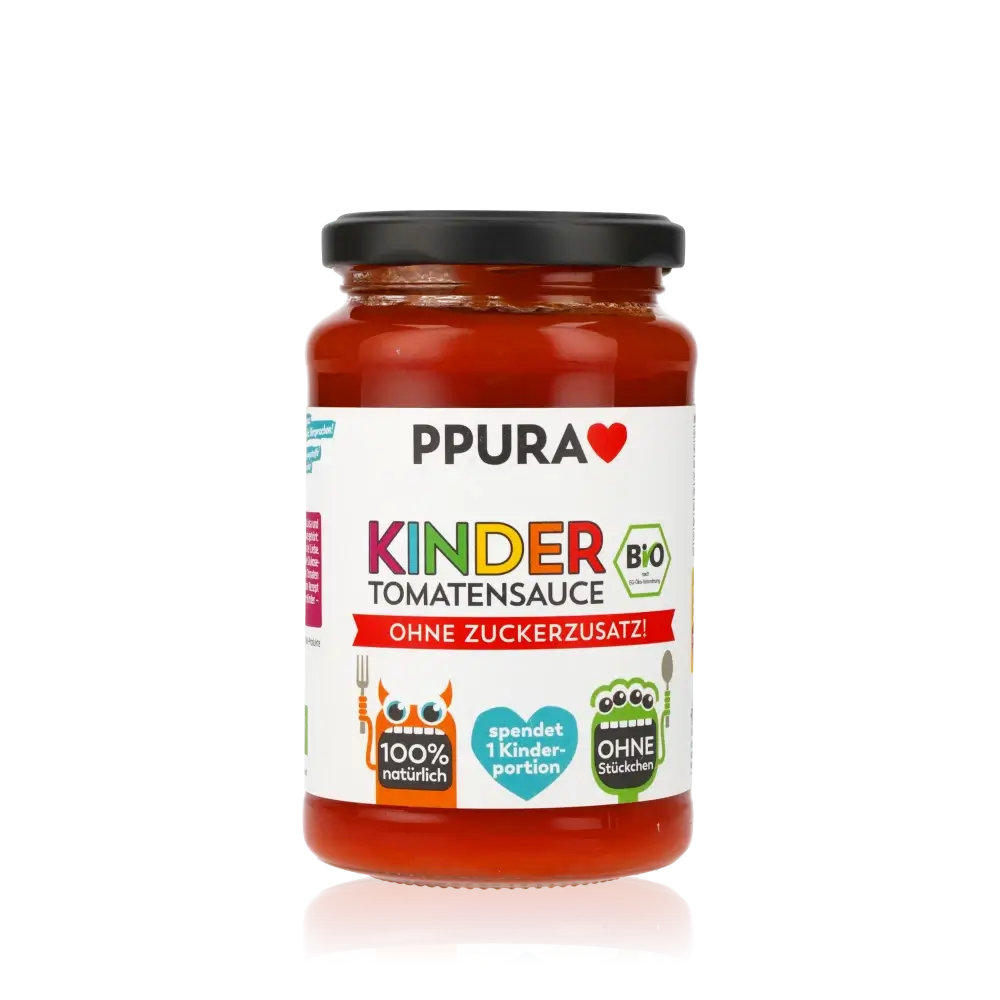 PPURA Kindertomatensauce Bio ohne Zuckerzusatz im Glas. Natürliche Zutaten, ohne Stückchen, ideal für Kindergerichte.