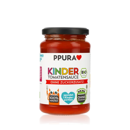 PPURA Kindertomatensauce Bio ohne Zuckerzusatz im Glas. Natürliche Zutaten, ohne Stückchen, ideal für Kindergerichte.