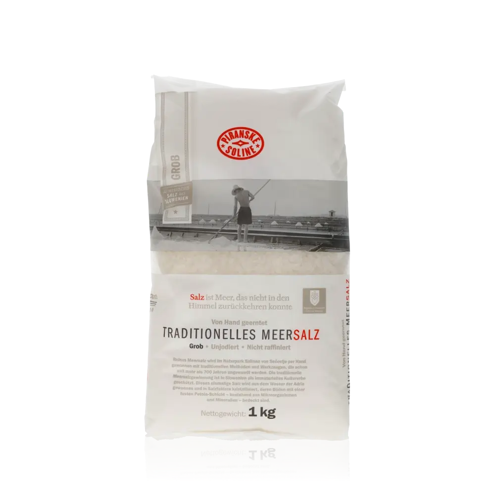 Piranske Soline traditionelles grobes Meersalz 1 kg Packung.