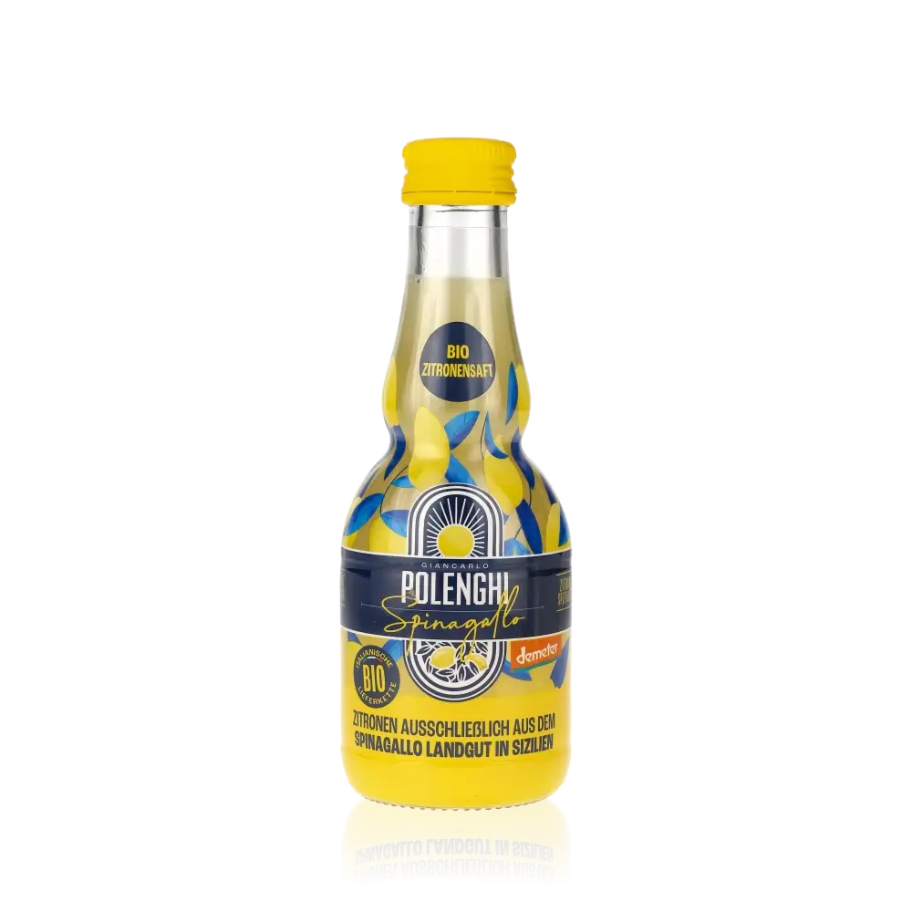 Polenghi Spinagallo Demeter Zitronensaft Flasche vor schwarzem Hintergrund.