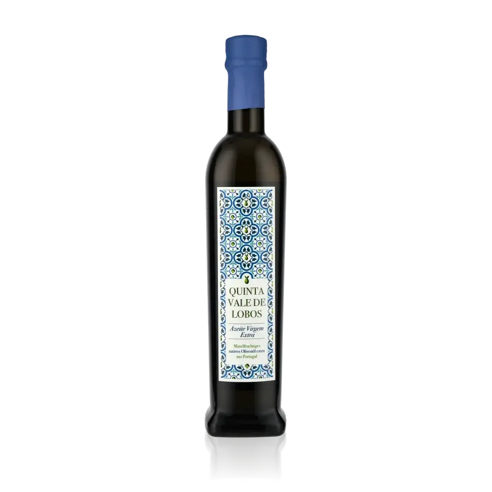 Quinta Vale de Lobos Olivenölflasche mit dekorativem Etikett.