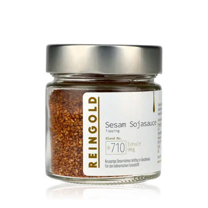 Reingold Sesam Sojasauce Glas mit Etikett und Inhalt.