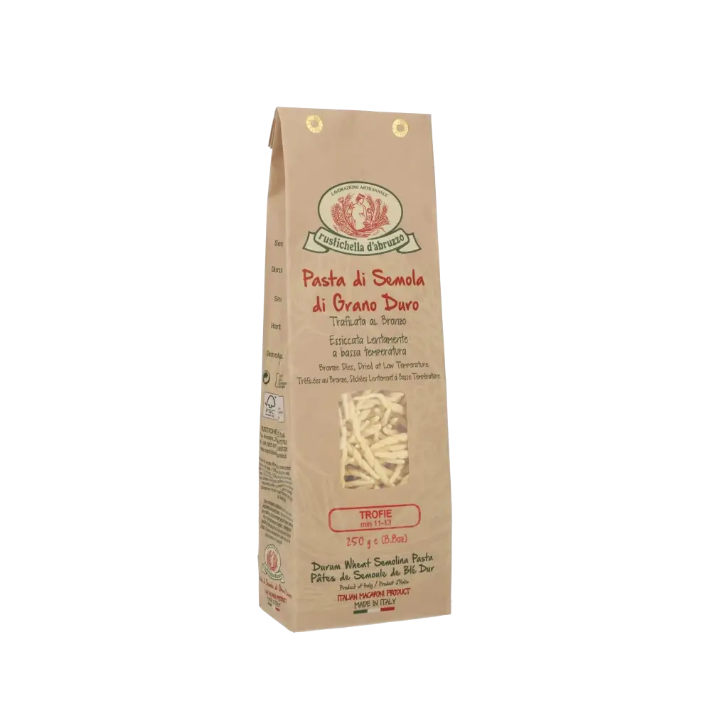 Rustichella Abruzzo Trofie Pasta in brauner Verpackung.