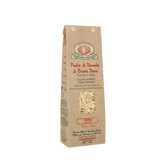 Rustichella Abruzzo Trofie Pasta in brauner Verpackung.