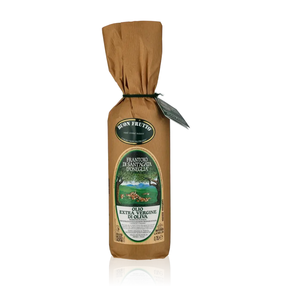 Sant Agata d'Oneglia Olivenöl Flasche in Verpackung.