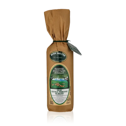 Sant Agata d'Oneglia Olivenöl Flasche in Verpackung.