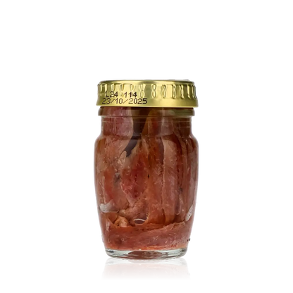 Glas mit Savini Sardellen Fischspezialitäten, goldener Deckel.