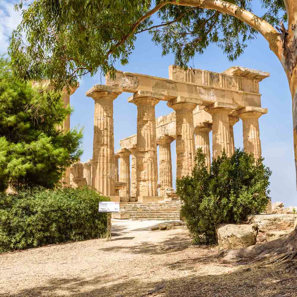 Antike Ruinen mit Bäumen.