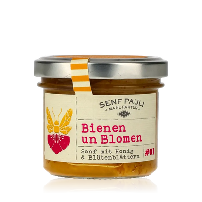 Senf Pauli Bienen un Blomen Senfglas mit Etikett.