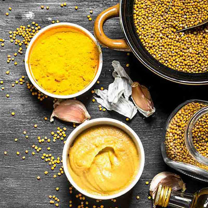 Senf, Senfkörner, Knoblauch auf dunkler Oberfläche arrangiert.