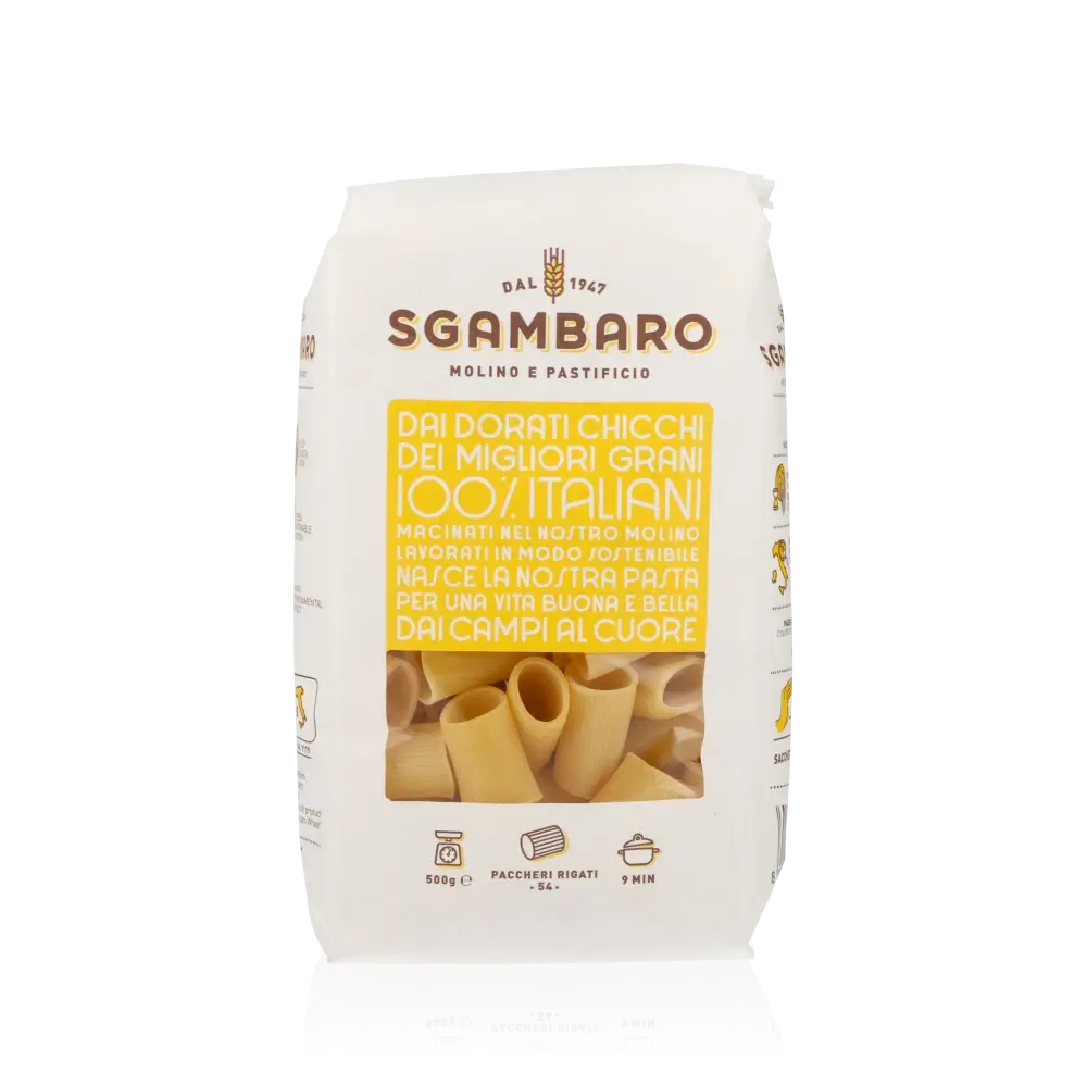 Sgambaro Paccheri Rigati Pasta 500g Packung Vorderseite.