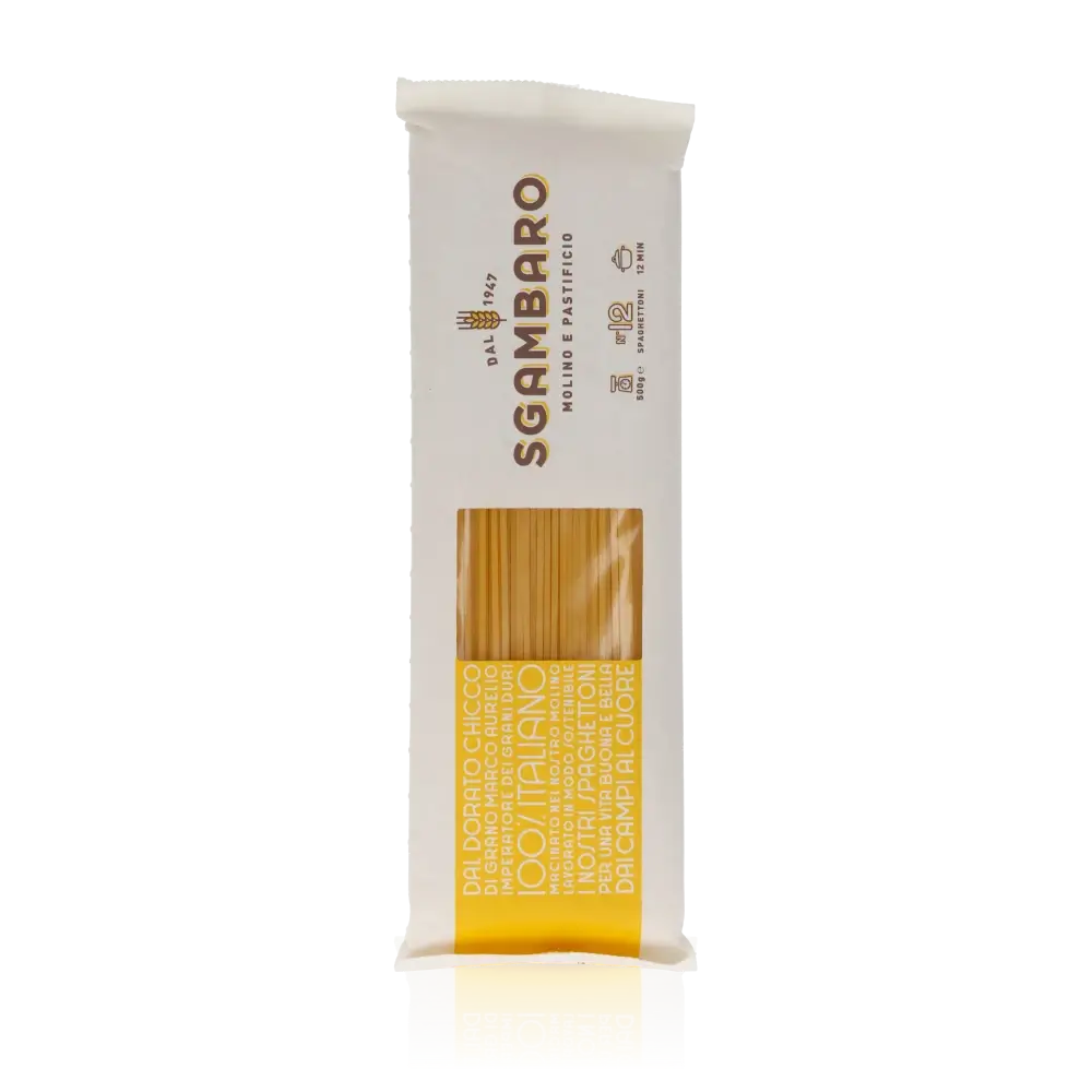 Sgambaro Spaghettoni Pasta 500g Packung, Vorderansicht.