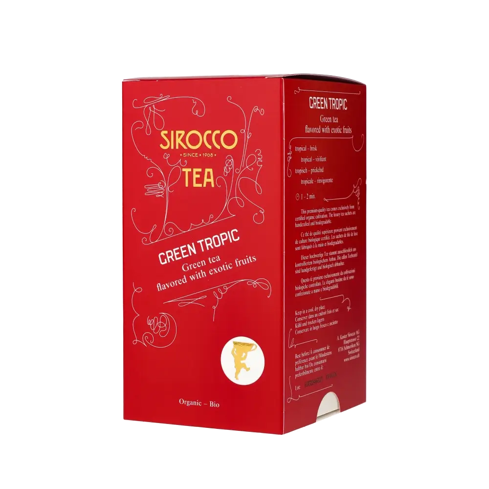 Rote Teepackung mit exotischen Früchten.