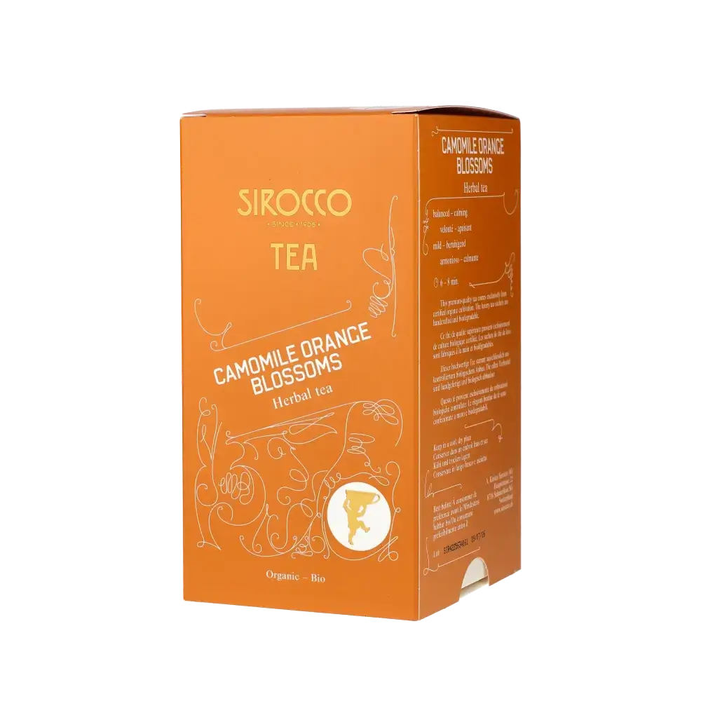 Orange Teepackung mit Aufschrift.