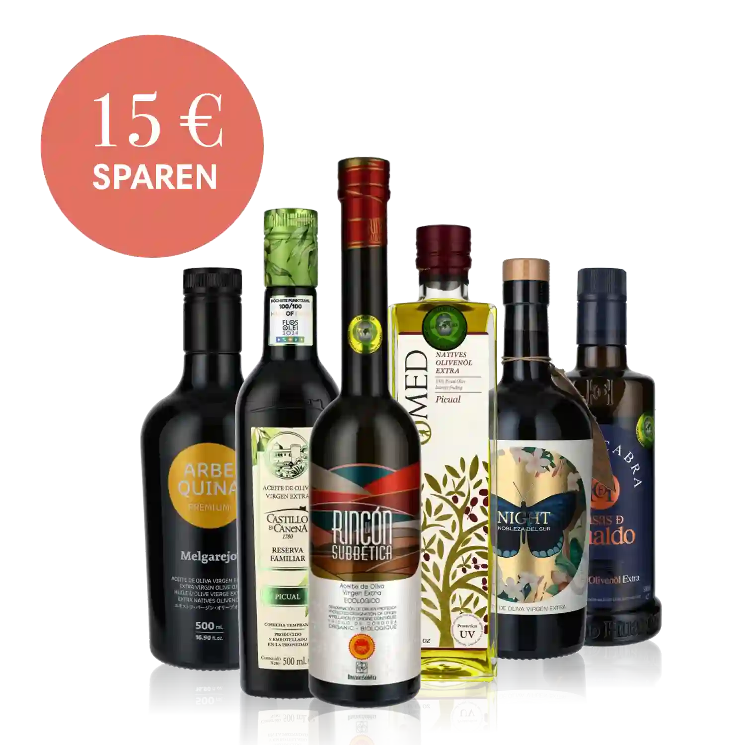 Olivenöl, Essig, Weinflaschen, Geschenkset, Rabatt, verschiedene Marken.