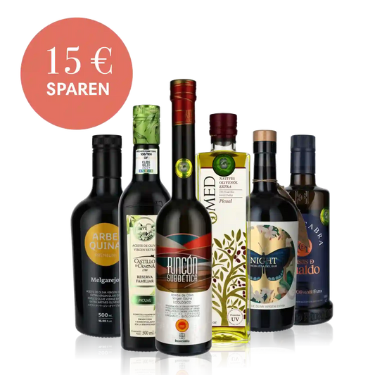 Olivenöl, Essig, Weinflaschen, Geschenkset, Rabatt, verschiedene Marken.