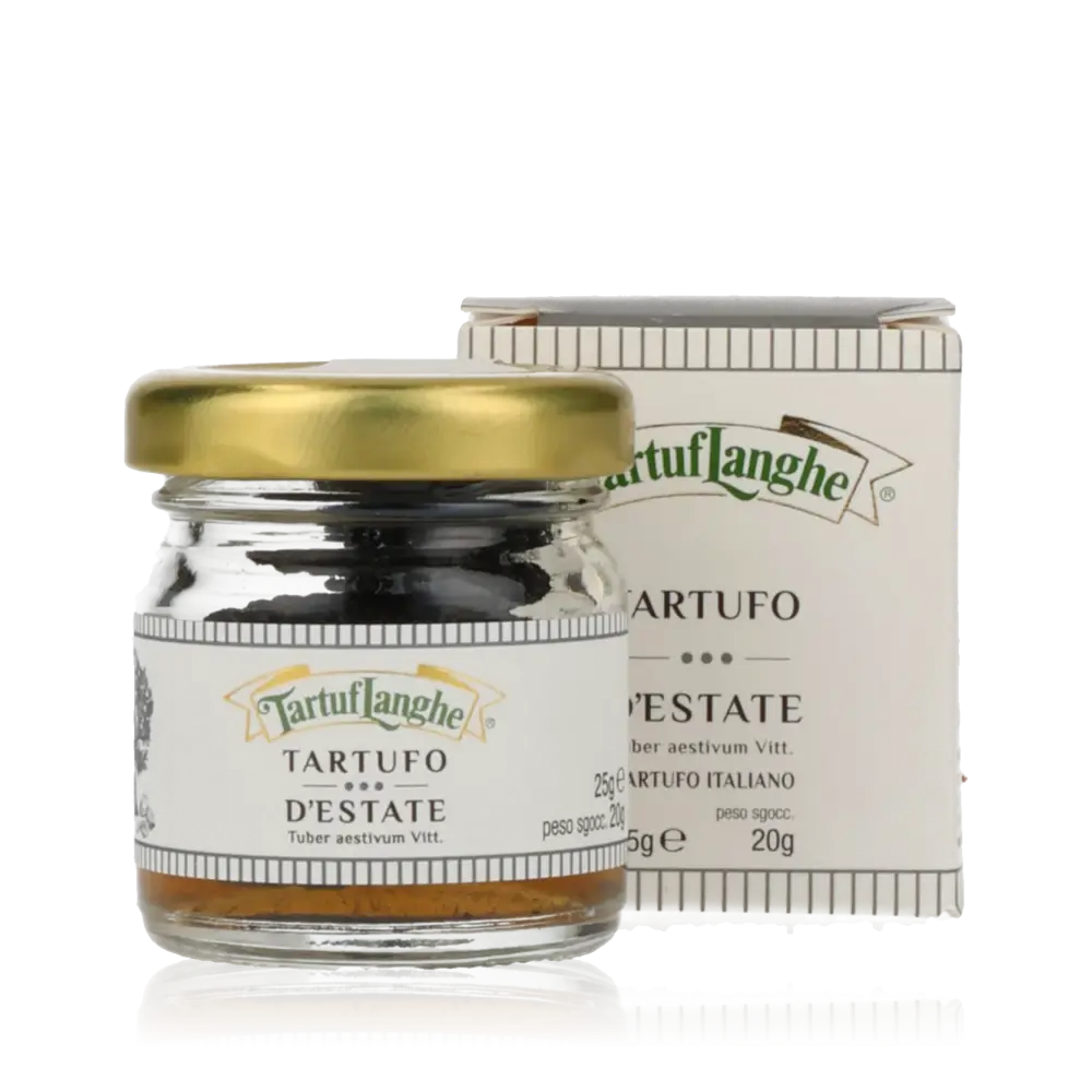 TartufLanghe Sommertrüffel im Glas mit Verpackung.