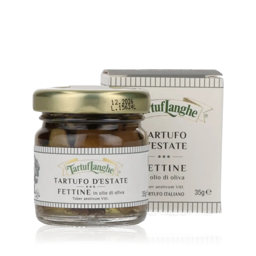 TartufLanghe Sommertrüffel in Scheiben, 35g Glas und Verpackung.