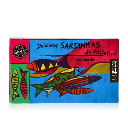 Bunte Verpackung von Tastin Atlantik-Sardinen in Olivenöl.