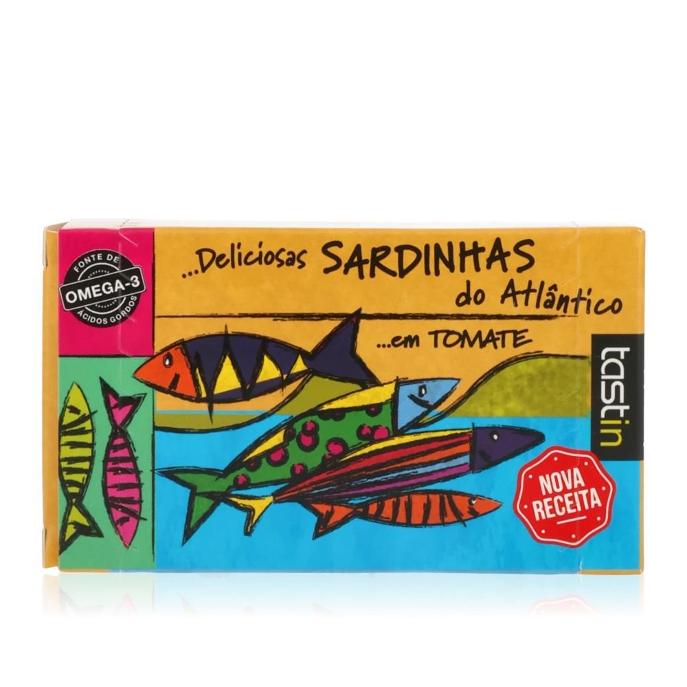 Feinkostverpackung: Tastin Atlantik-Sardinen in Tomatensauce.