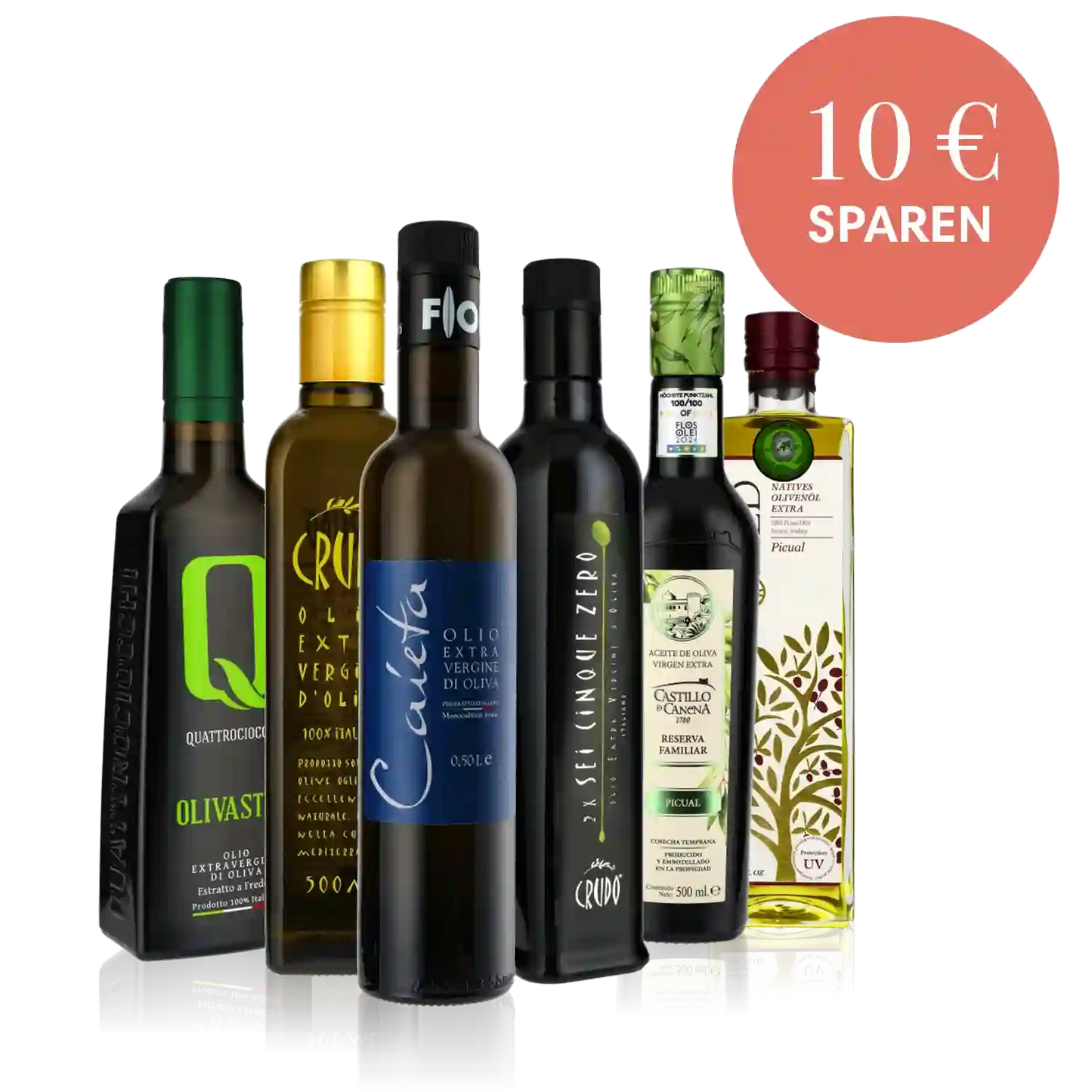Olivenölflaschen verschiedener Marken mit Rabattangebot.