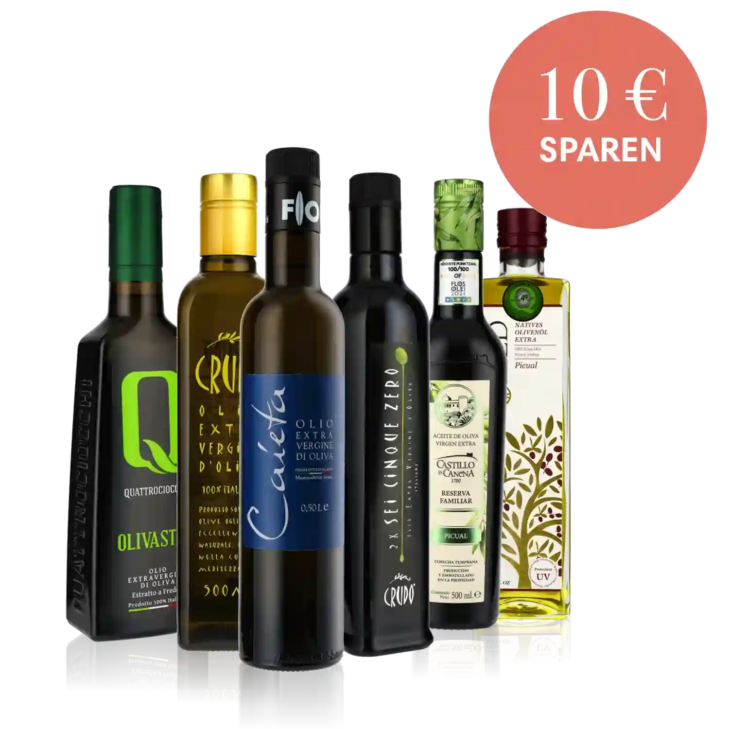 Olivenölflaschen verschiedener Marken mit Rabattangebot.