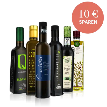 Olivenölflaschen verschiedener Marken mit Rabattangebot.