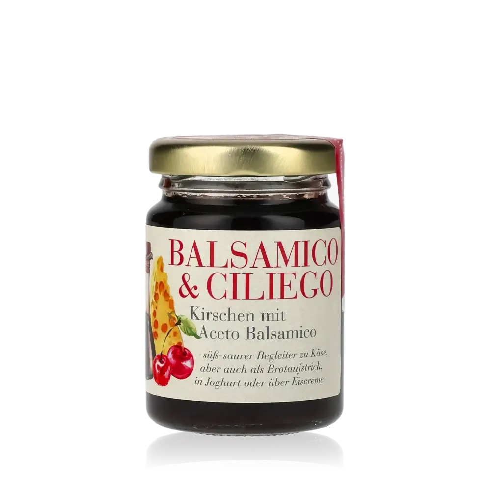 Balsamico-Kirsch-Aufstrich im Glas mit Etikett.