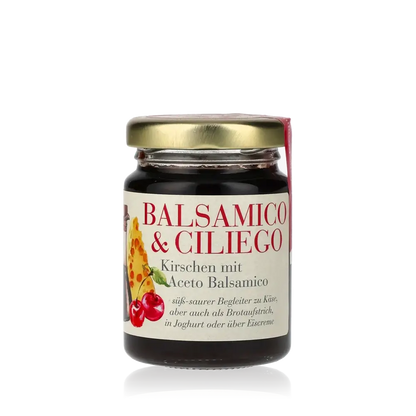 Balsamico-Kirsch-Aufstrich im Glas mit Etikett.