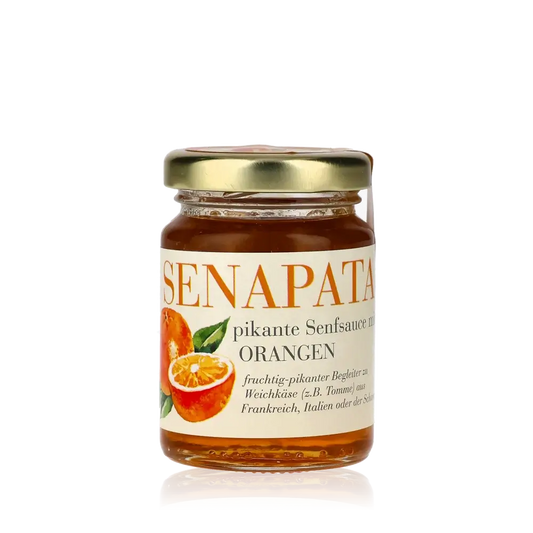 Senapata pikante Senfsauce mit Orangen im Glas.