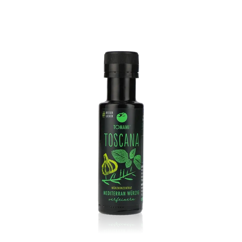 Tomami Toscana Würzmittel Flasche vor schwarzem Hintergrund.