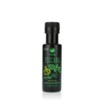 Tomami Toscana Würzmittel Flasche vor schwarzem Hintergrund.