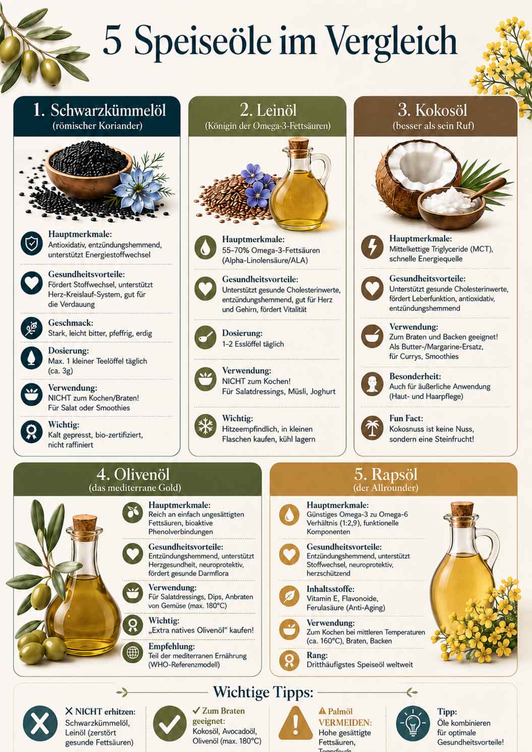Infografik:5 Speiseöle im Vergleich – Schwarzkümmelöl, Leinöl, Kokosöl, Olivenöl und Rapsöl mit Anwendung, Fettsäuren und Hitzestabilität