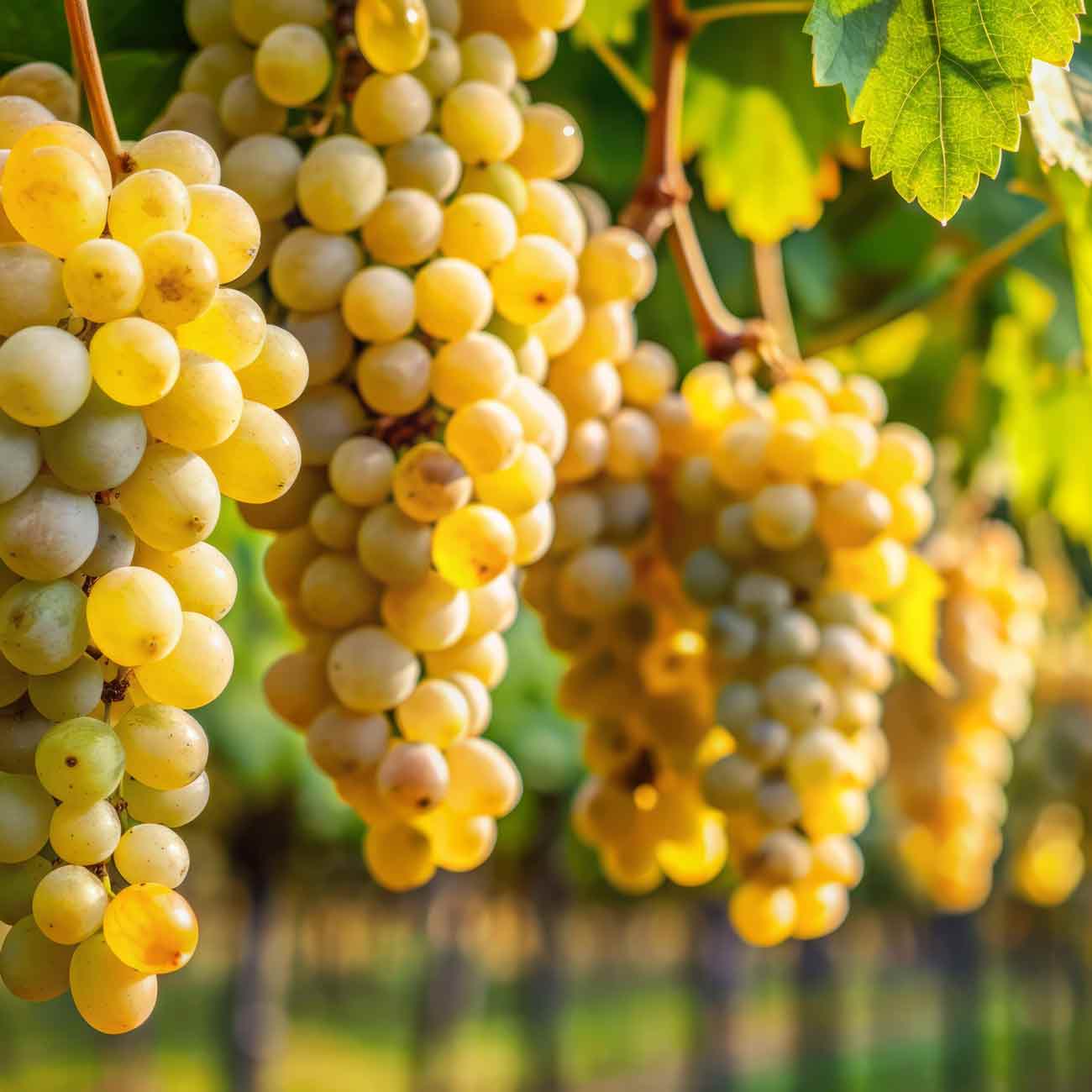 Trauben hängen an Reben im Sonnenlicht.