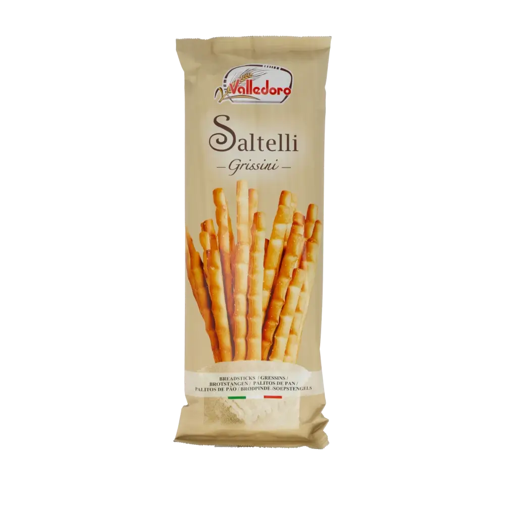 Valledoro Saltelli Grissini Packung mit Salzgebäck.