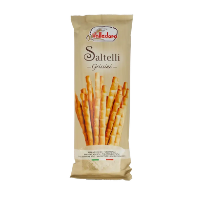 Valledoro Saltelli Grissini Packung mit Salzgebäck.