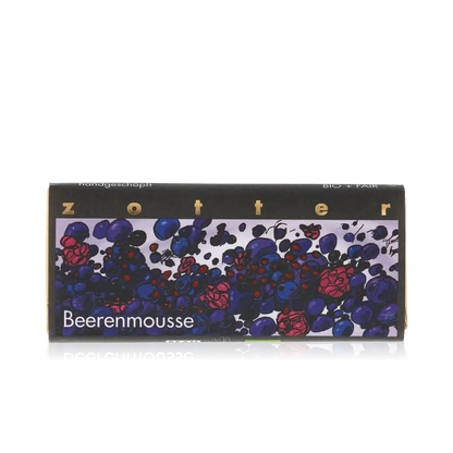 Zotter Schokolade Beerenmousse Verpackung mit Beerenmotiv.