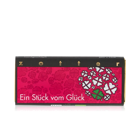 Zotter Schokolade, Ein Stück vom Glück, rote Verpackung.