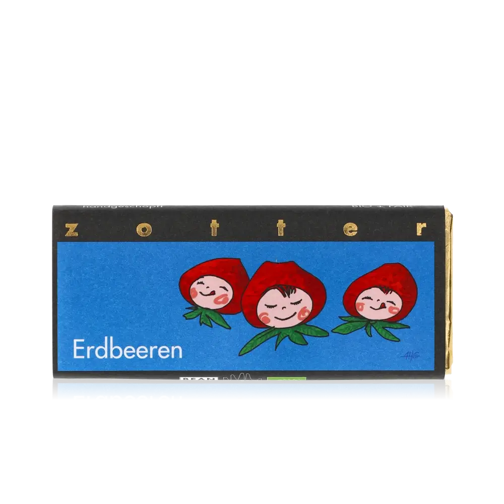 Zotter Schokolade Erdbeeren Verpackung mit Illustrationen.