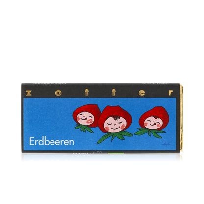 Zotter Schokolade Erdbeeren Verpackung mit Illustrationen.