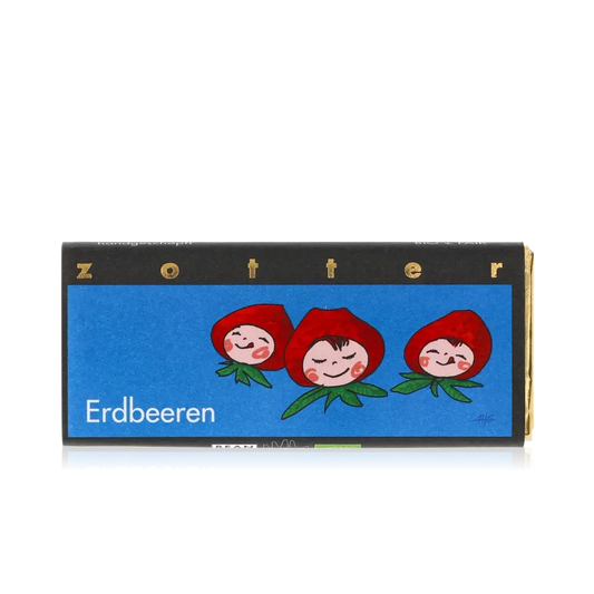 Zotter Schokolade Erdbeeren Verpackung mit Illustrationen.