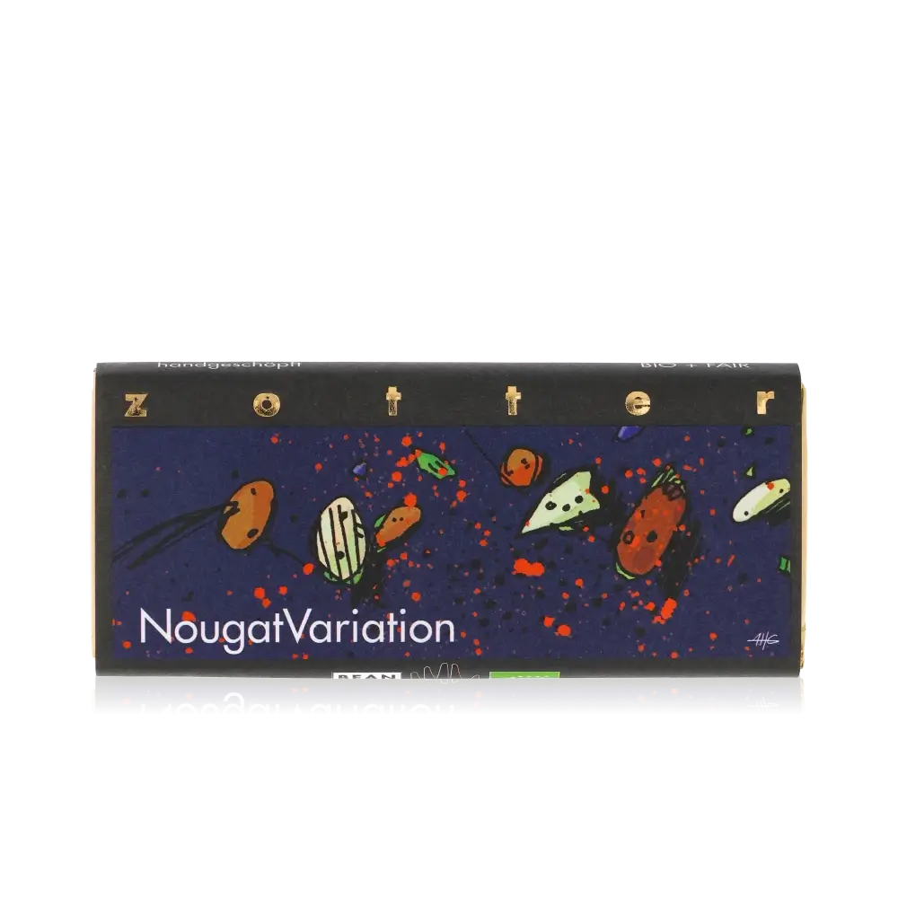 Zotter Schokolade NougatVariation Verpackung mit buntem Design.