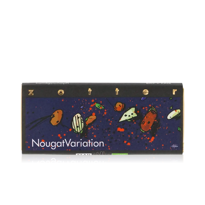Zotter Schokolade NougatVariation Verpackung mit buntem Design.