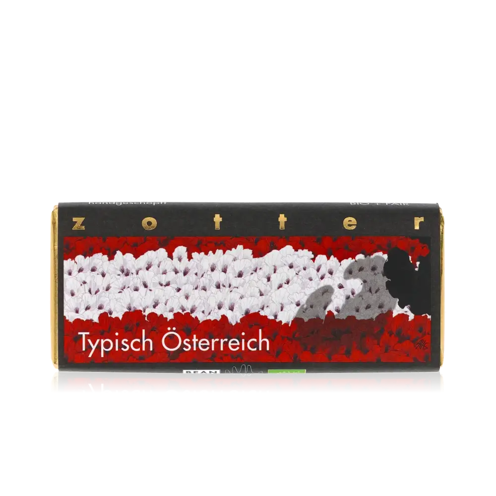 Zotter Schokolade, typisch österreichisch, handgeschöpft, rot-weiß Design.