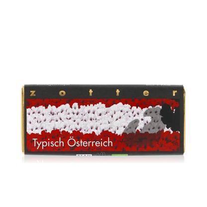 Zotter Schokolade, typisch österreichisch, handgeschöpft, rot-weiß Design.