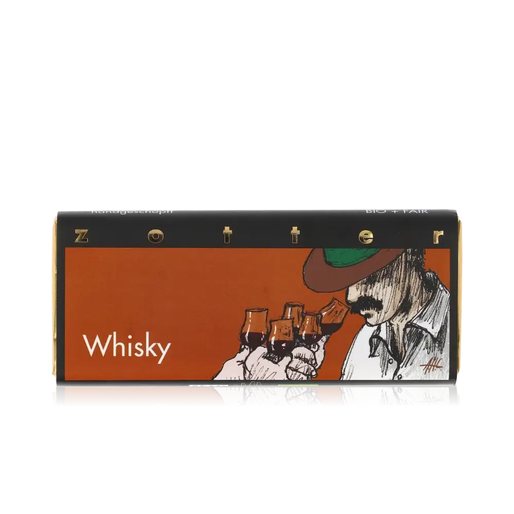 Zotter Schokolade mit Whisky-Geschmack, Verpackung mit Illustration.